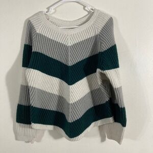 Unbranded Striped Chunky Knit Sweater Womens L Green Grey White Ribbed Pullover